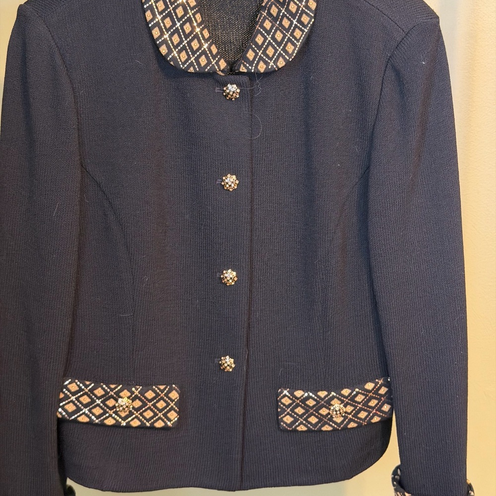 St. John Black Knit Blazer with Diamond Trim and Floral Buttons